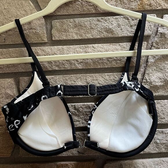 Vintage VENUS Swimwear Bikini Black White Scroll Print Y2K 34b top Medium Bottom - Picture 2 of 11